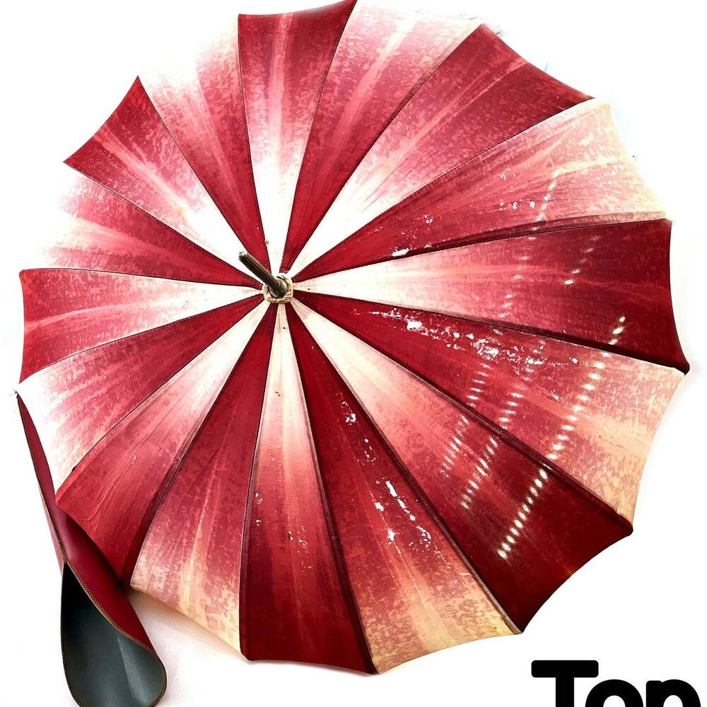 VTG Umbrella Parasol Red White Steampunk Goth Pinup Leather Handle Case *READ*